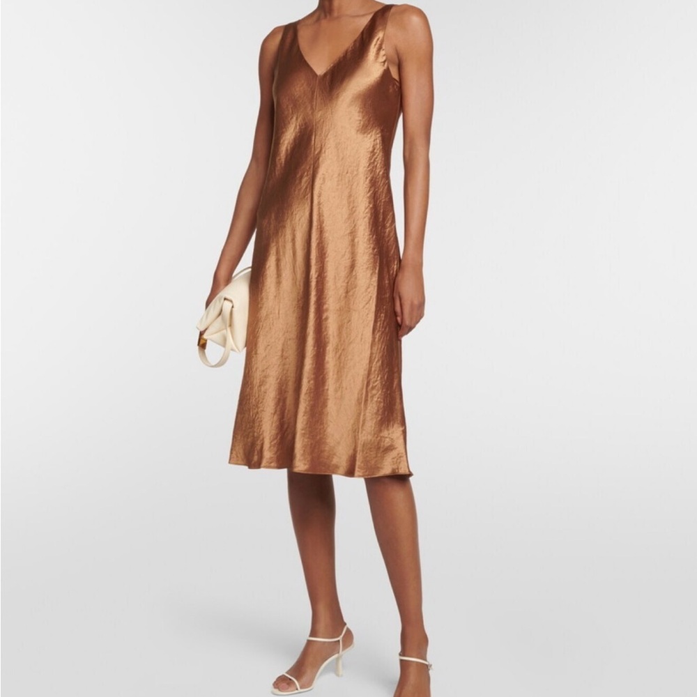 Vince Double V-Neck Satin Midi Slipdress, size L